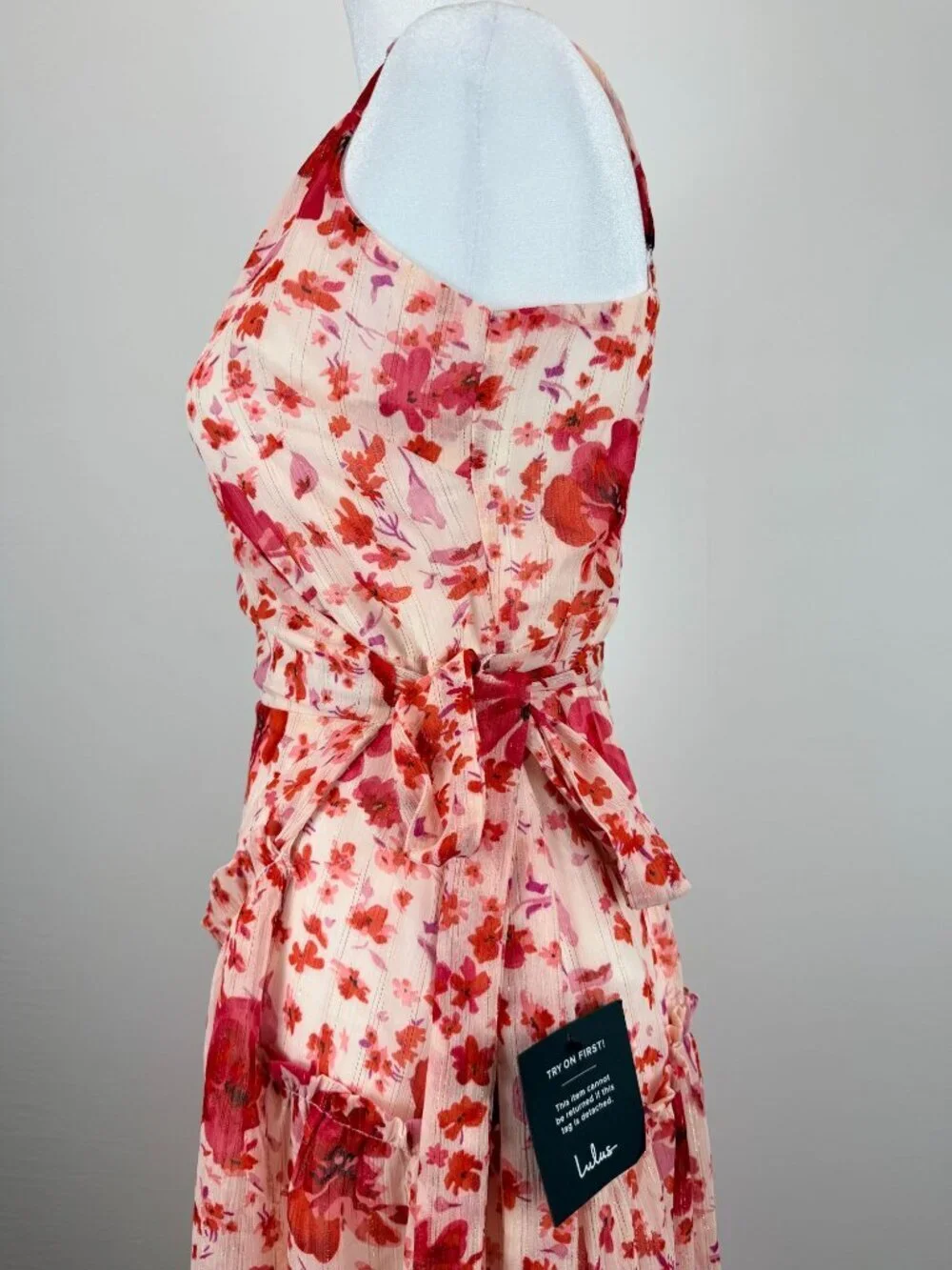 Lulus Womens Size S Pink Floral Wrap Midi Dress Ruffle Sleeveless NWT - Picture 13 of 16